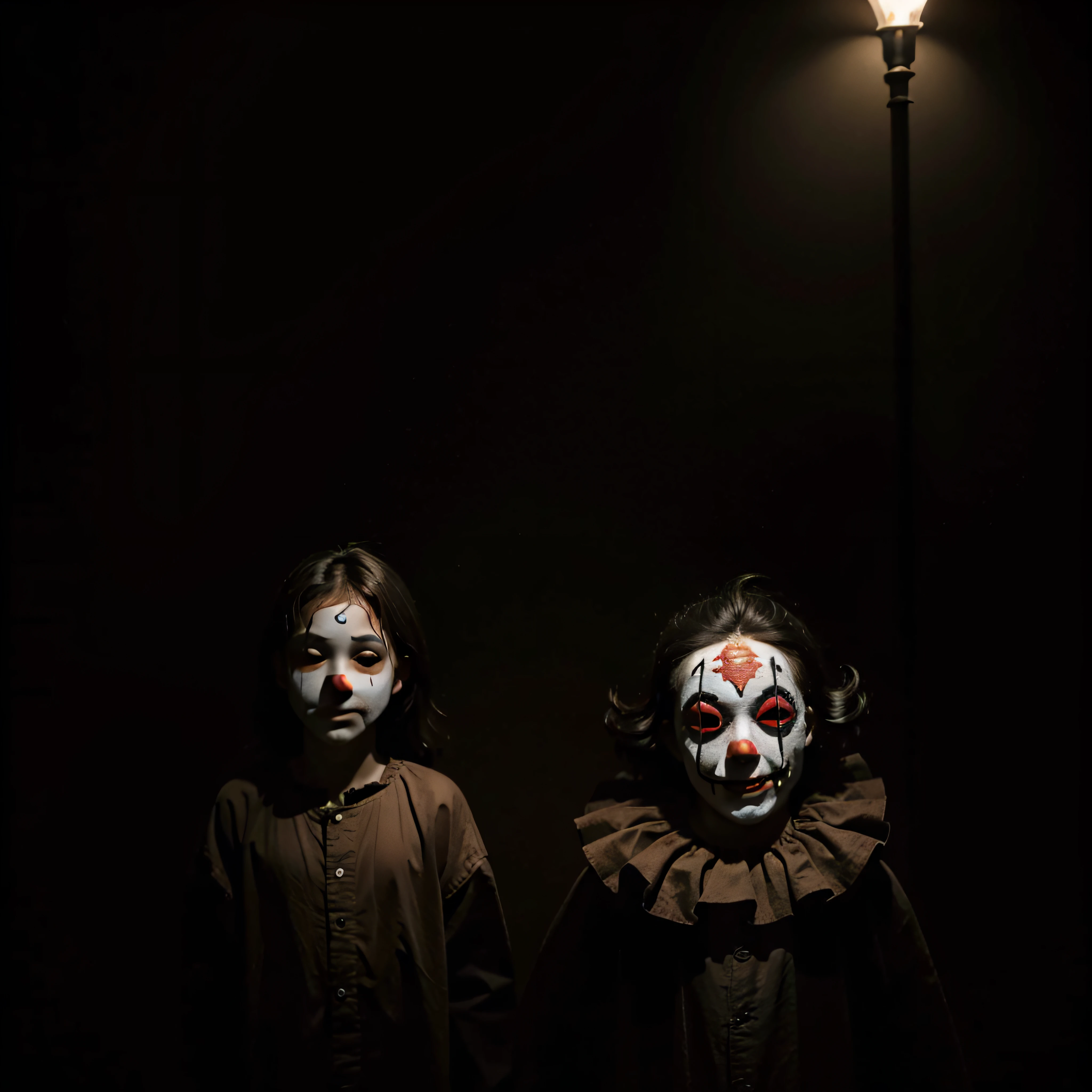 (extremadamente detallado, obra maestra, La mejor calidad, foto antigua, principios de siglo) dark kids with horror clown masks, colmillos, una linterna directa lo ilumina, bosque de noche. plano cercano. sangre por el suelo.