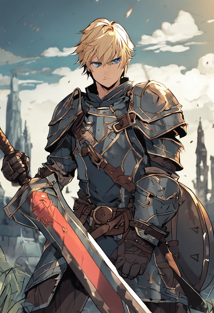 A warrior with short blond hair, blue eyes, left eye covered by an eye patch, short beard, strong and tall, wears black plate armor, wielding a large shield and a long sword in position and combat and a serious look. Anime art style, excellent quality, medieval city in the background