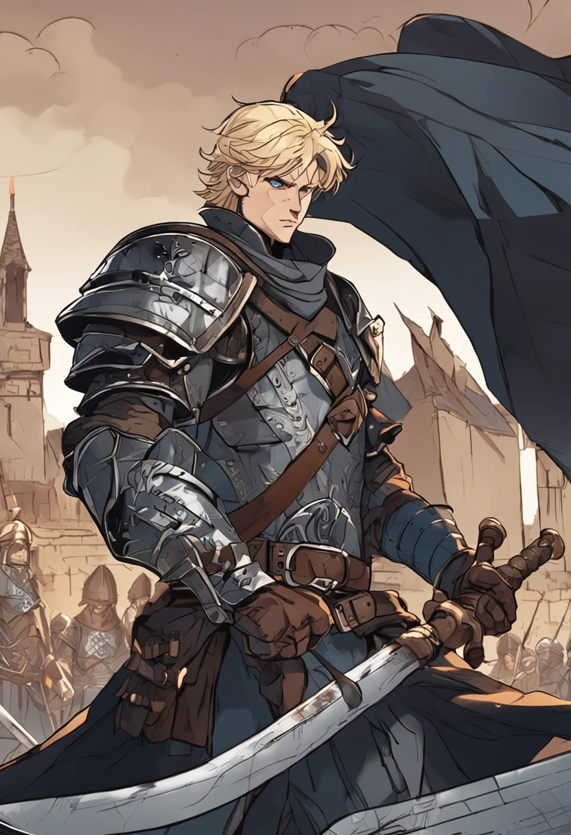 A warrior with short blond hair, blue eyes, left eye covered by an eye patch, short beard, strong and tall, wears black plate armor, wielding a large shield and a long sword in position and combat and a serious look. Anime art style, excellent quality, medieval city in the background
