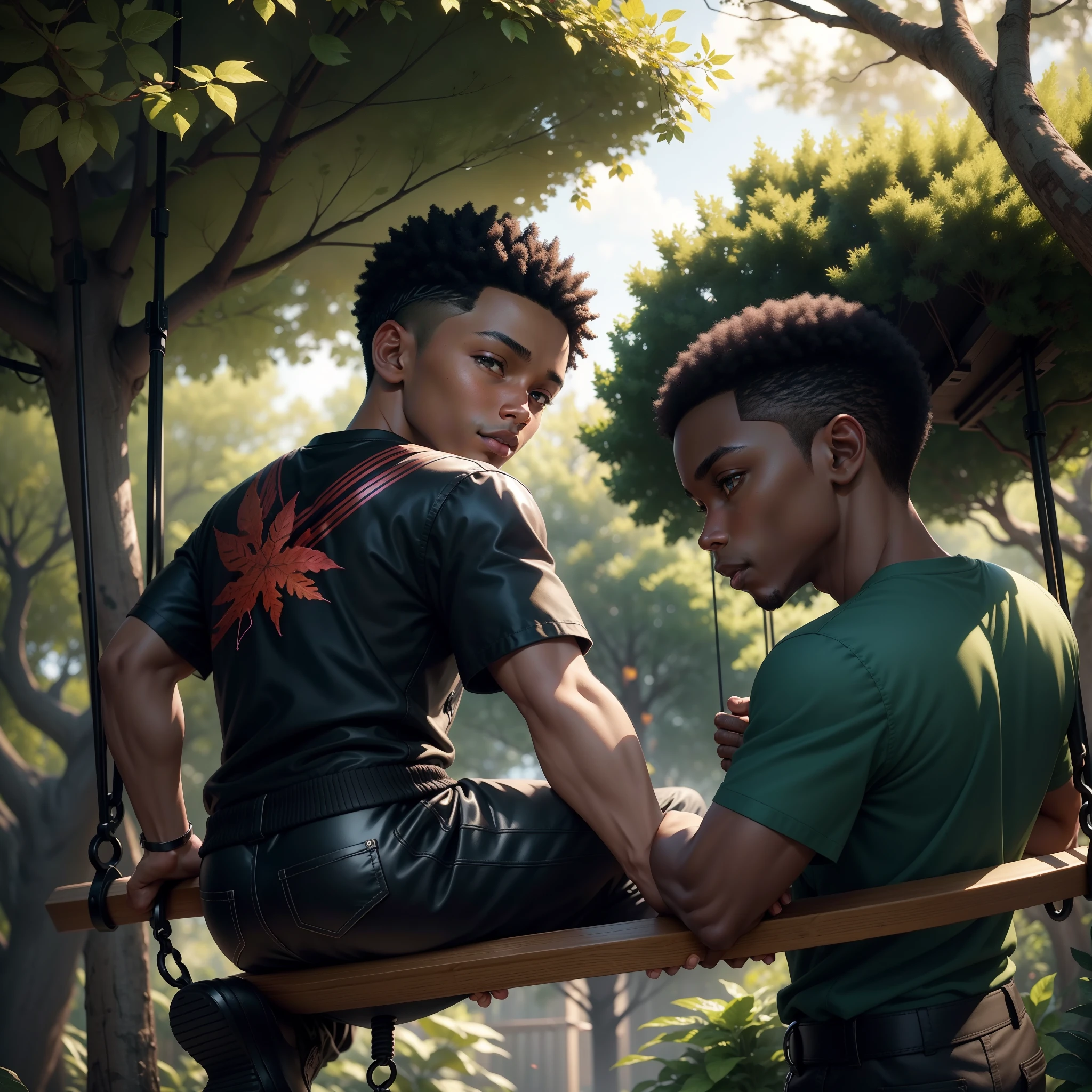 Black man pushing young black boy in a swing in the middle of a tree garden, happy scene, leaves falling from the trees, with iridescent light, highly detailed images, vibrant beautiful colours, photorealistic image, 8k, ultra HD, unreal engine rendered, cinematic lighting, artgerm style,