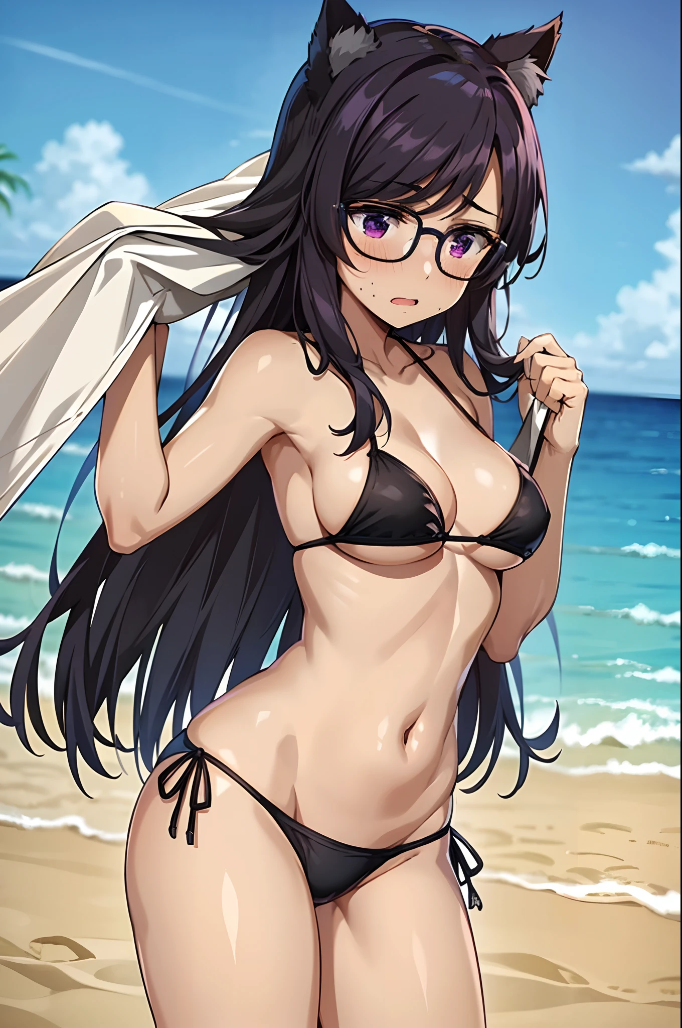 masterpiece, best quality, upper body, minakatahizuru, 1girl, long hair, beautiful, hot, medium breasts, cat ears, bikini, beach, standing, blush