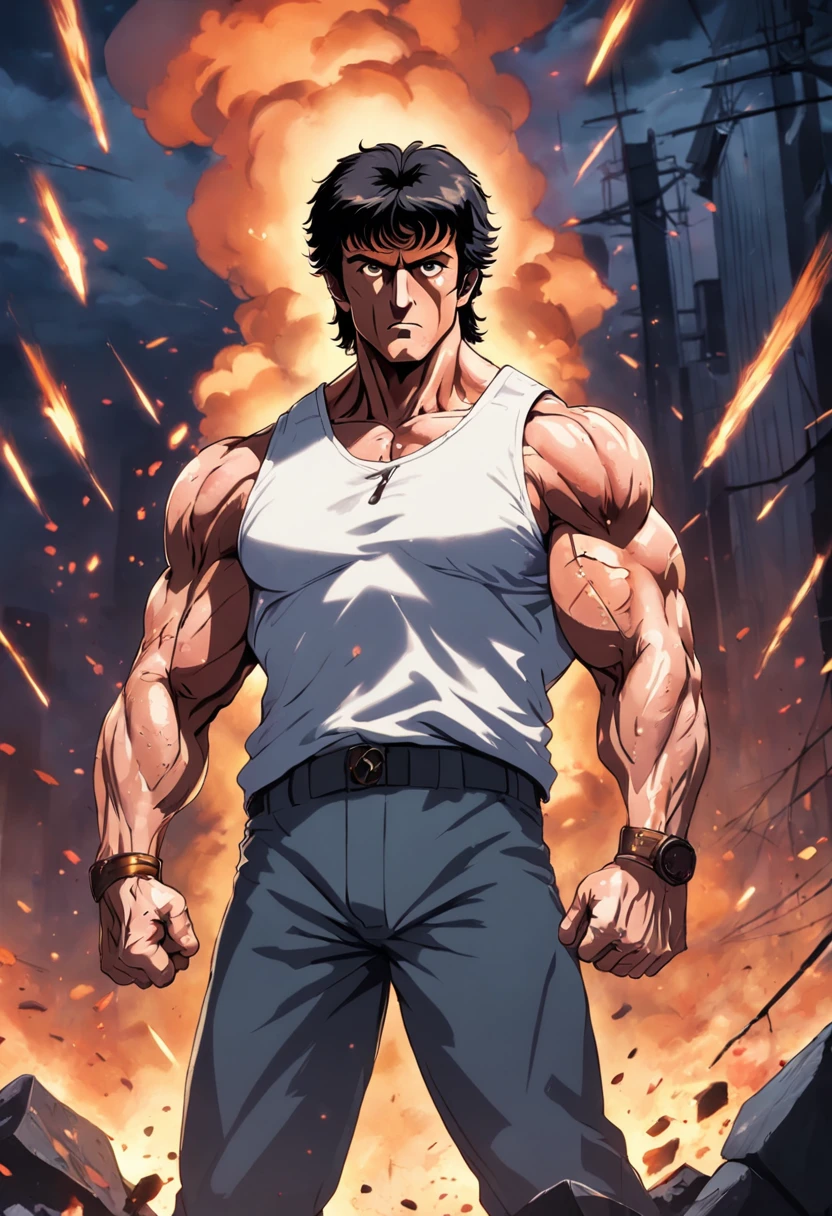 1 man, Masterpiece, Kenshiro, muscular body, standing pose, serious face, postapocalypse,
