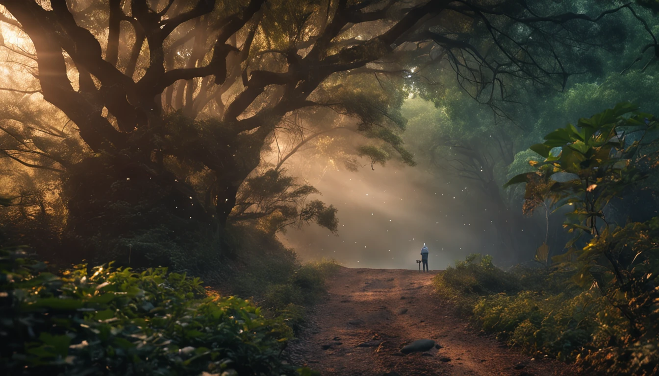 A mystical journey through an ancient forest, onde personagem jovem homem, floresta, fonte com agua cristalina, meet a wise old man and learn valuable life lessons. iluminador, transformative and magical, encantador, ethereal. outro mundo. misterioso, espiritual e comovente. create an atmosphere of mystery and spiritual depth. profundo, thought-provoking and philosophical, Valuable life lessons learned