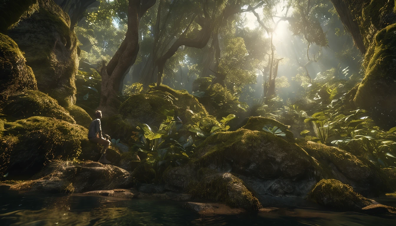 A mystical journey through an ancient forest, onde personagem jovem homem, floresta, fonte com agua cristalina, meet a wise old man and learn valuable life lessons. iluminador, transformative and magical, encantador, ethereal. outro mundo. misterioso, espiritual e comovente. create an atmosphere of mystery and spiritual depth. profundo, thought-provoking and philosophical, Valuable life lessons learned