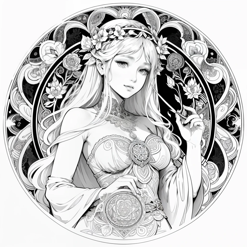 Flowers and goddess, ploynesian, garden, art for coloring book page, full white background, only use outline, line art, coloring book, clean line art, mandala for coloring with nature ornaments, simple and clean line art, coloring book page, adorned in Art Nouveau style, with a stroke of Alfons Mucha's brush, perfect details, real.