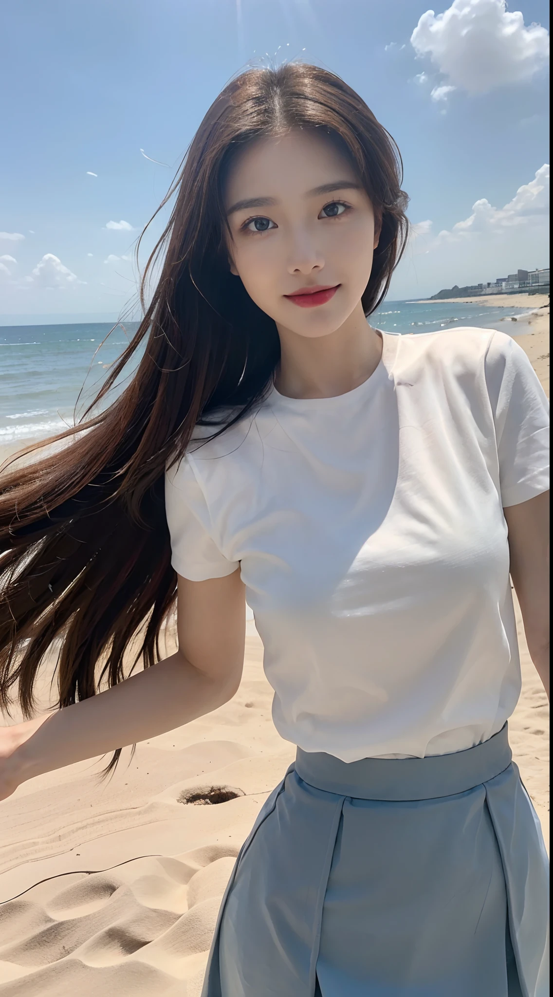 ((Best picture quality, 8K, tmasterpiece: 1.3)), self-shot, Sharp focus: 1.2, A cute beauty with a perfect figure: 1.4, Slim, ((Brown hair black)) , (whitet-shirt,pleatedskirt,Highly detailed face,Happy expression,standing on your feet:1.2),((with blue sky and white clouds,Beach by the sea:1.3. Produced with a major focus on women)),Highly detailed facial and skin texture,Detailed eyes,二重まぶた