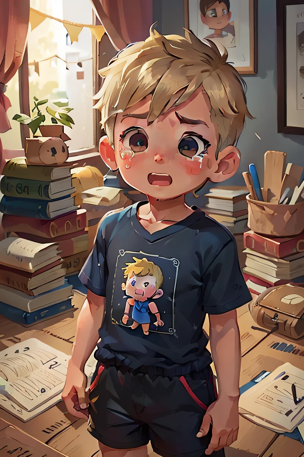 In a small town called Alegriaville, there lived a boy named Pedro, 7 , short blond hair, vibrant eyes, wearing a blue T-shirt and black shorts. crying in front of his books at home