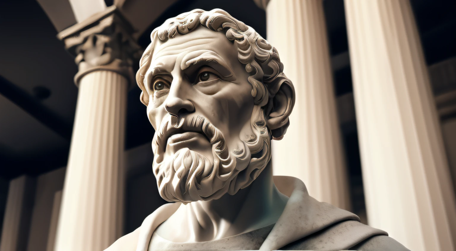 Epithet, Close-up of a classical wise Greek philosopher, Statue in a temple, Postura estoica, deus grego, wisdom, cinematic feel, Preto e branco, ultra realistic, Ultra detalhado e artesanal em todos os aspectos, Escuro
