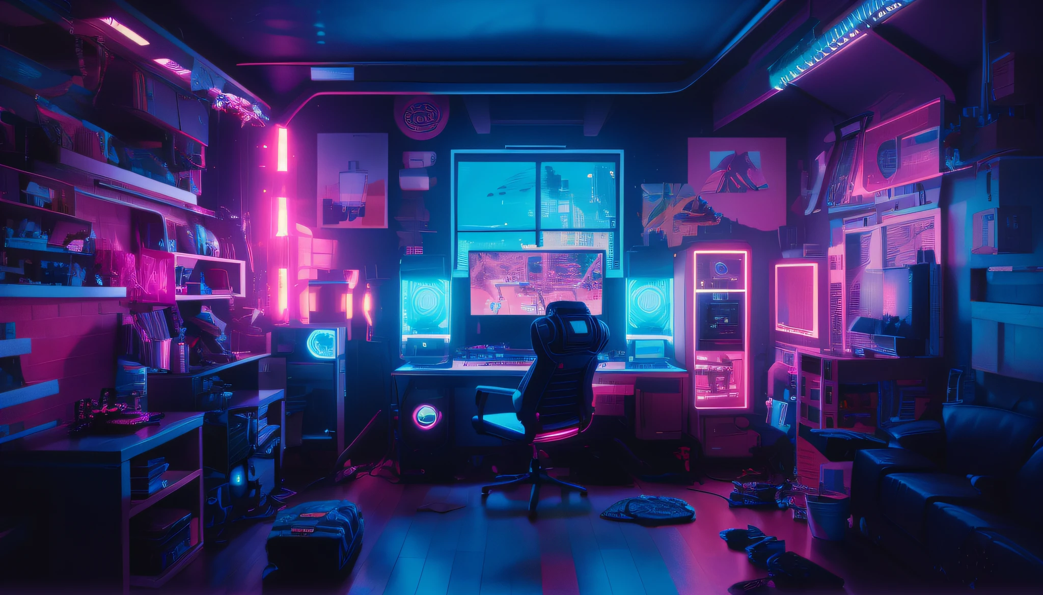 a dimly lit room with a desk, CADEIRA, e monitor de computador, cyberpunk setting, gamer aesthetic, in a cyberpunk themed room, quarto adolescente cyberpunk, vibe cyberpunk, cyberpunk with neon lighting, cores do bipe, sala de jogos, interior cyberpunk, atmosfera cyberpunk, aesthetic cyberpunk, em estilo de bipe, synthwave aesthetic, inspirado em Beeple