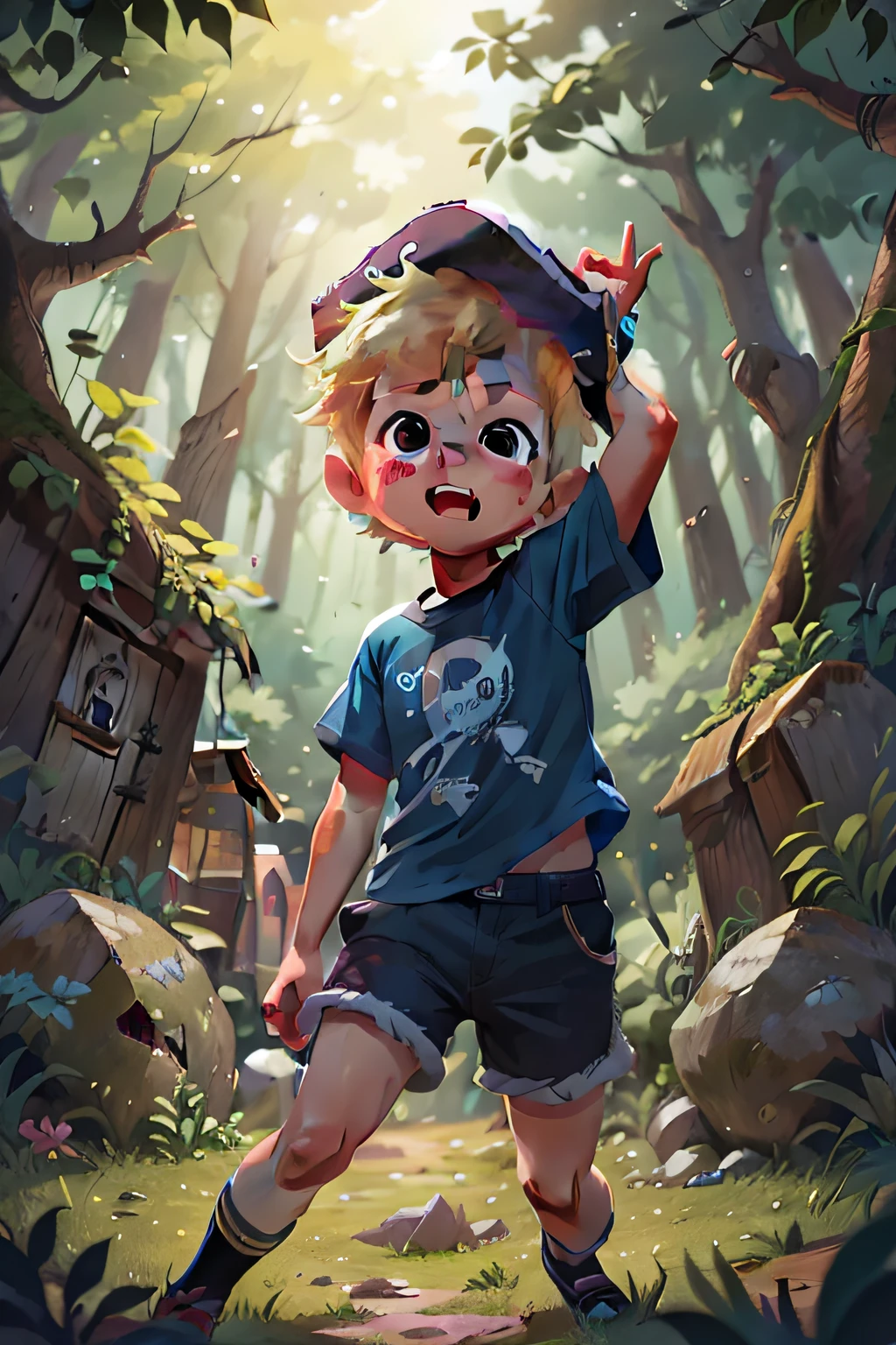 In a small town called Alegriaville, there lived a boy named Pedro, 7 years old, short blond hair, vibrant eyes, wearing a blue T-shirt and black shorts. wearing a pirate costume, playing in the forest