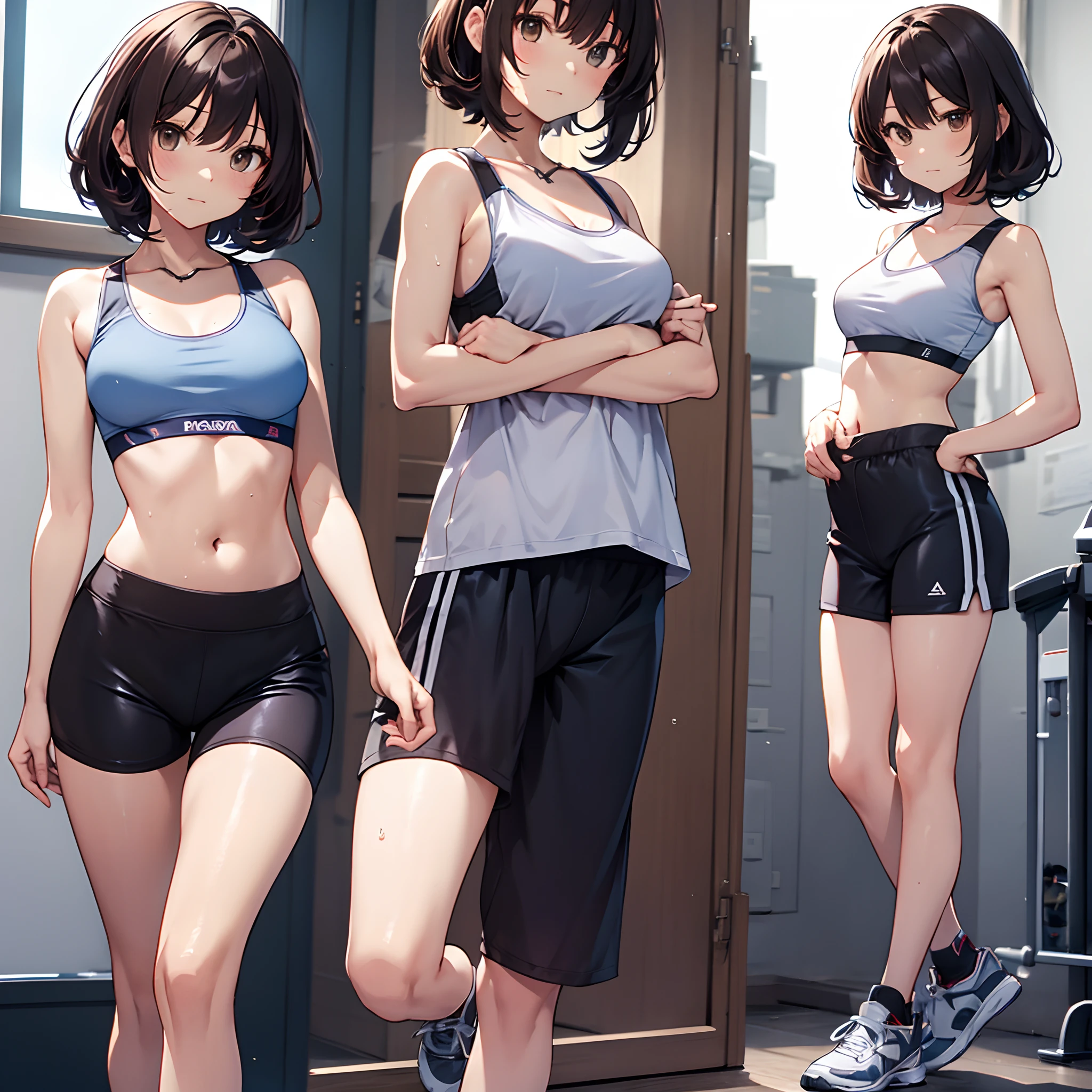 (masterpiece, best quality:1.37), highres, ultra-detailed, ultra-sharp, BREAK, Korean school idol, (((1girl:1.37, solo))), (beautiful anime face, cute face, detailed face), (black hair, thin hair, short hair, bangs, hime-cut), detailed beautiful cyan eyes, BREAK, ((detailed grey sports bra:1.5), (detailed shorts:1.5)), BREAK, lovely look, water melon earing, detailed clothes), light smile, closed mouth, parted lips, pink lipstick, BREAK, ((standing, arms behind back,:1.3, cowboy shot)), detailed human hands, HDTV:1.2, ((detailed subway station view background:1.3)), 8 life size, slender, anime style, anime style school girl, perfect anatomy, perfect proportion, inspiration from Kyoto animation and A-1 picture, late evening, excellent lighting, bright colors, clean lines, photorealistic