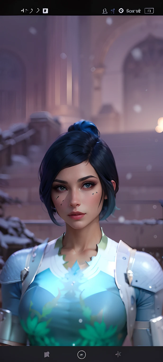 a close up of a person in a blue dress with a blue hair, short blue haired woman, ingame image, cattie - brie of mithril hall, brigitte, avatar image, zenra taliyah, inspired by Adélaïde Victoire Hall, taliyah, pharah, alluring mesmer woman, ethereal vaporous tan skin, icey snow background, snow, ice, hd, high quality, masterpiece, snow background beautiful snow, ice, 4k, bloom, blue eyes, beautiful blue eyes, realistic blue eyes