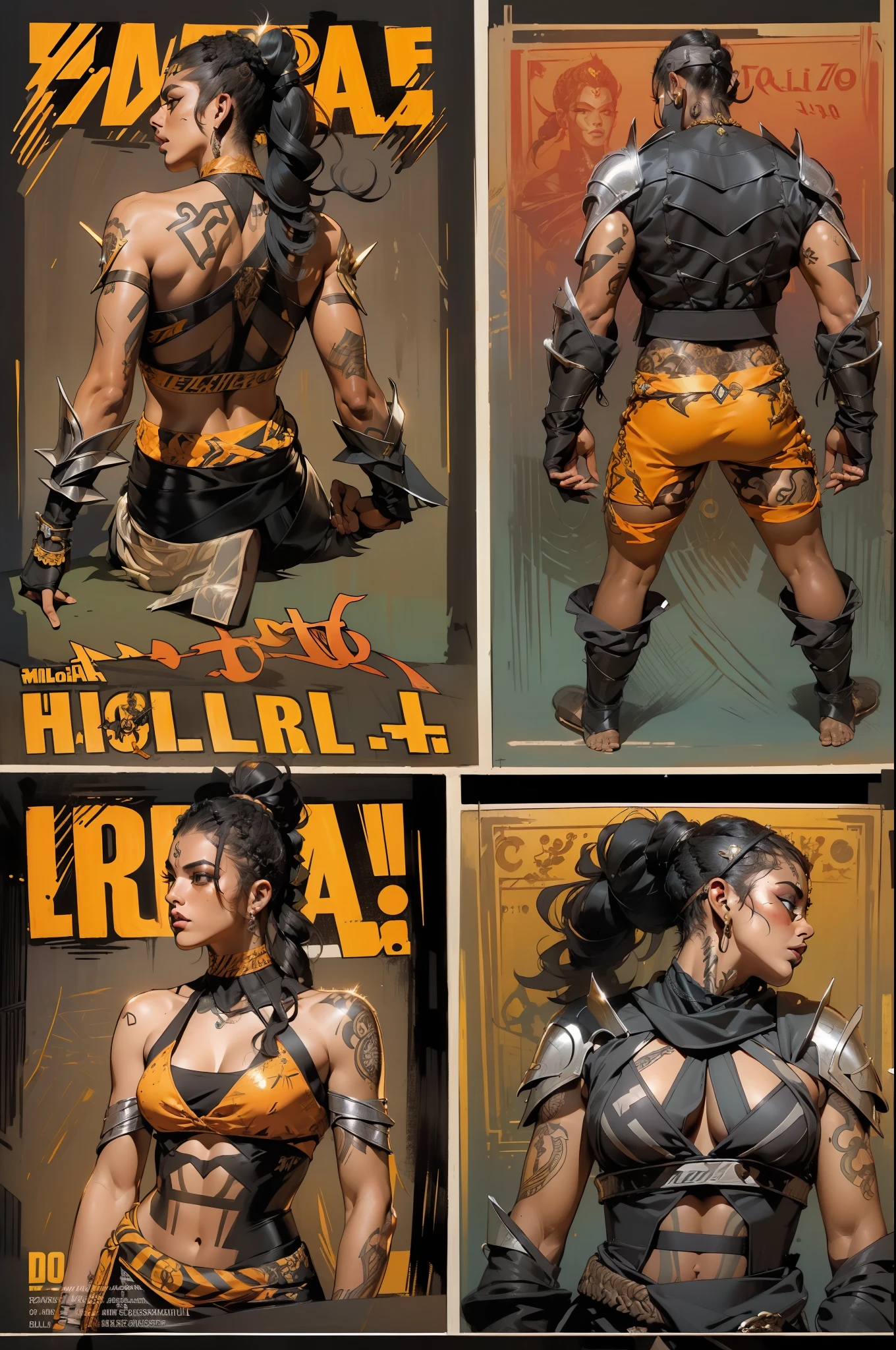 (((mulher))), (((melhor qualidade))), (((obra prima))), (((adulto))), laranja, A 30-year-old gladiator woman with an athletic body, (((sozinho))), (((1girl))) , Gladiadores do Brooklyn, quase nua no estilo selvagem urbano de Simon Bisley para a capa da revista Heavy Metal, cabelos pretos com ponytail, Minimum clothing, listras laranja e preto, armadura, cheio de pontas e rebites, tatuagem Yakuza, (((do joelho pra cima))), cabelo bob haircut preto