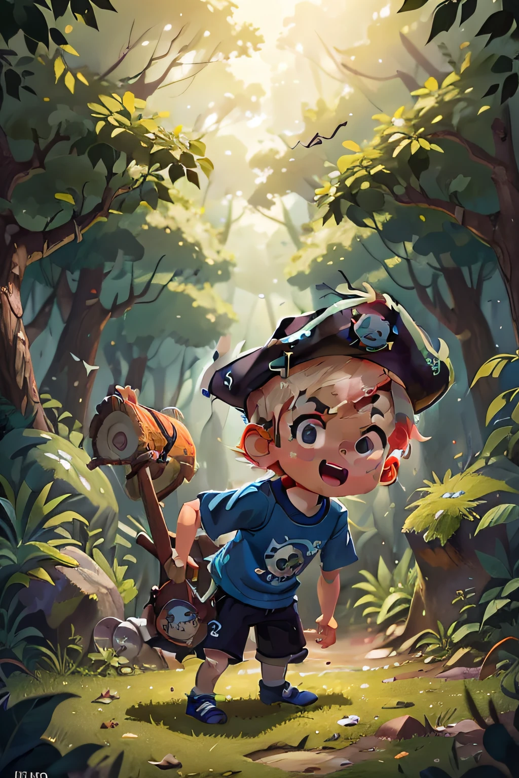 In a small town called Alegriaville, there lived a boy named Pedro, 7 years old, short blond hair, vibrant eyes, wearing a blue T-shirt and black shorts. wearing a pirate costume, playing in the forest