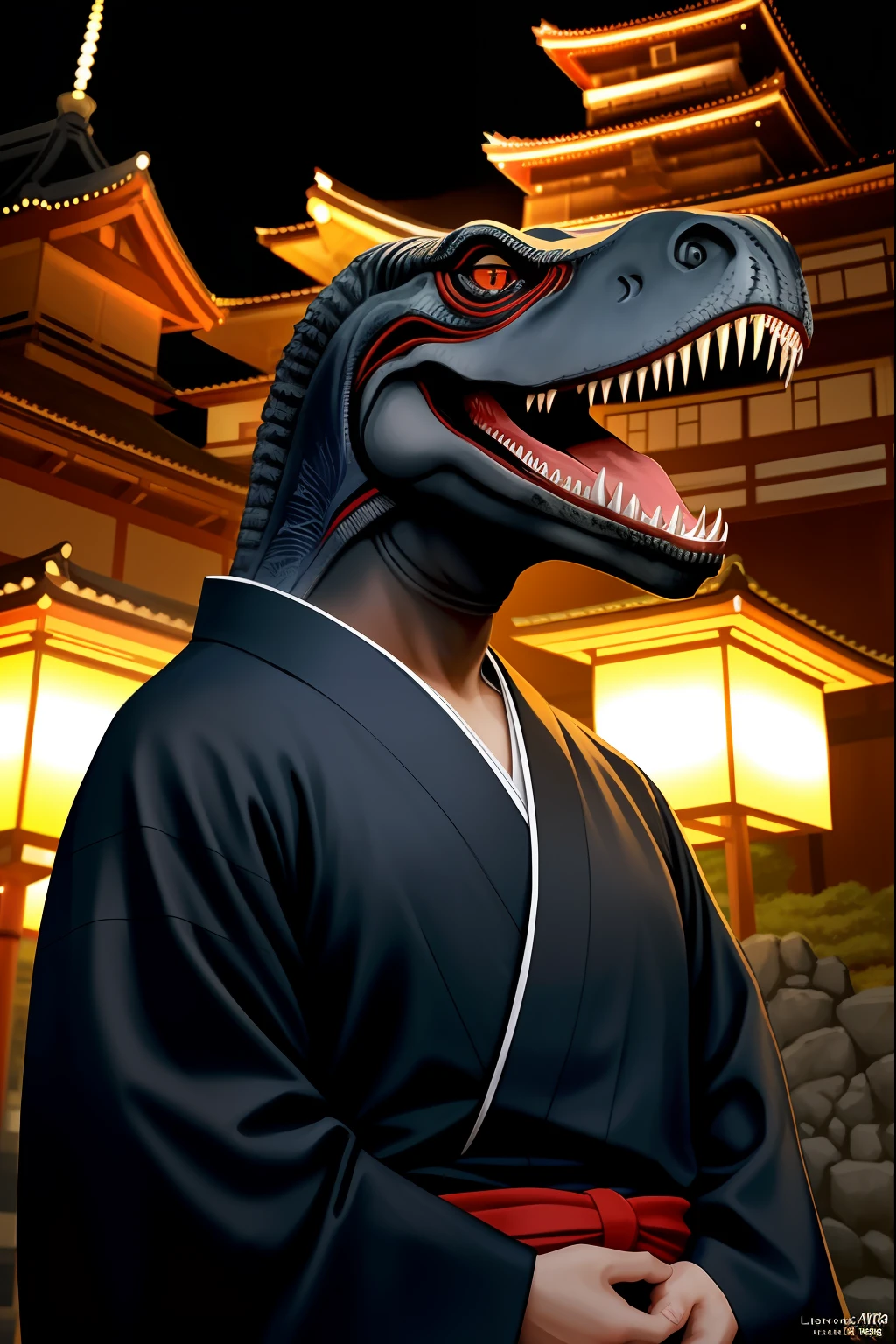 The T rex becomes Japanese,Llevar kimono tradicional,Retrato de cuerpo entero de un T Rex fotorrealista,Toma ultra detallada,Japanese castle and dark background,Brillante y realista