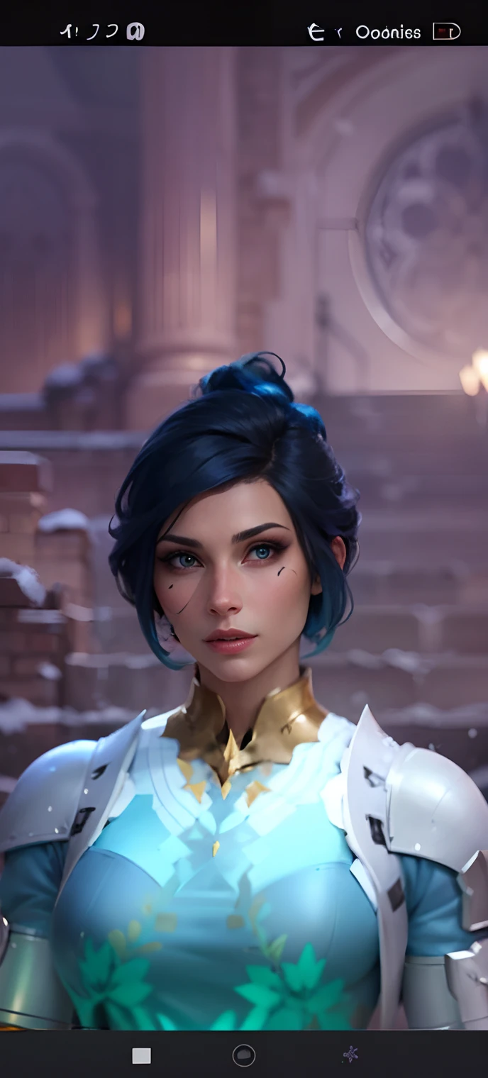 a close up of a person in a blue dress with a blue hair, short blue haired woman, ingame image, cattie - brie of mithril hall, brigitte, avatar image, zenra taliyah, inspired by Adélaïde Victoire Hall, taliyah, pharah, alluring mesmer woman, ethereal vaporous tan skin, icey snow background, snow, ice, hd, high quality, masterpiece, snow background beautiful snow, ice, 4k, bloom, blue eyes, beautiful blue eyes, realistic blue eyes, snowy blue eyes, blue eyes