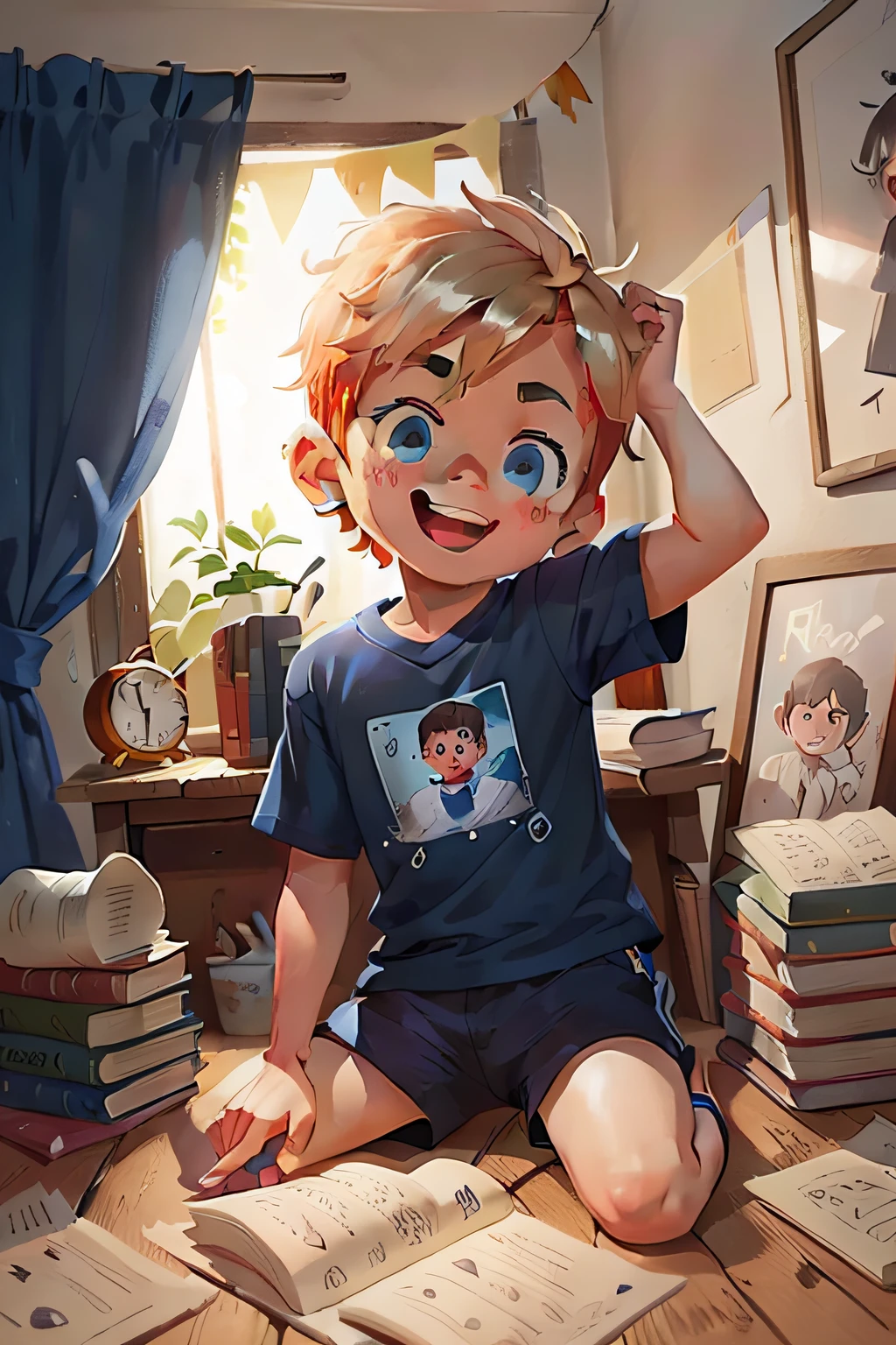 In a small town called Alegriaville, there lived a boy named Pedro, 7 , short blond hair, vibrant eyes, wearing a blue T-shirt and black shorts. reading books, looking happy