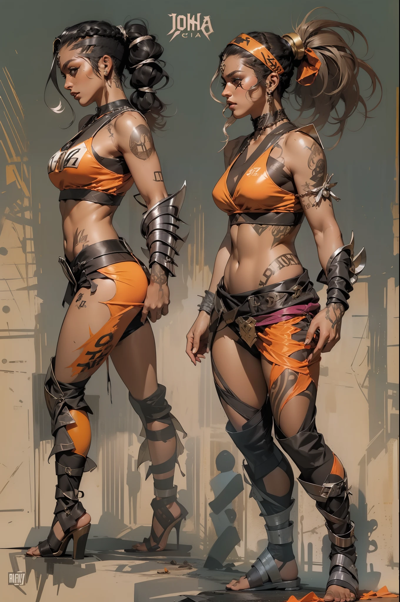 (((mulher))), (((melhor qualidade))), (((obra prima))), (((adulto))), laranja, A 30-year-old gladiator woman with an athletic body, (((sozinho))), (((1girl))) , Gladiadores do Brooklyn, quase nua no estilo selvagem urbano de Simon Bisley para a capa da revista Heavy Metal, cabelos pretos com ponytail, Minimum clothing, listras laranja e preto, armadura, cheio de pontas e rebites, tatuagem Yakuza, (((do joelho pra cima))), cabelo bob haircut preto