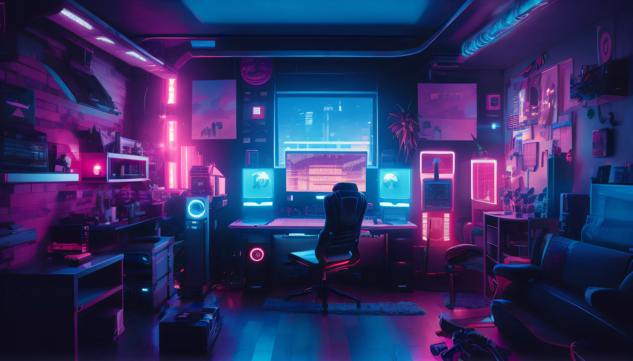 a dimly lit room with a desk, CADEIRA, e monitor de computador, cyberpunk setting, gamer aesthetic, in a cyberpunk themed room, quarto adolescente cyberpunk, vibe cyberpunk, cyberpunk with neon lighting, cores do bipe, sala de jogos, interior cyberpunk, atmosfera cyberpunk, aesthetic cyberpunk, em estilo de bipe, synthwave aesthetic, inspirado em Beeple