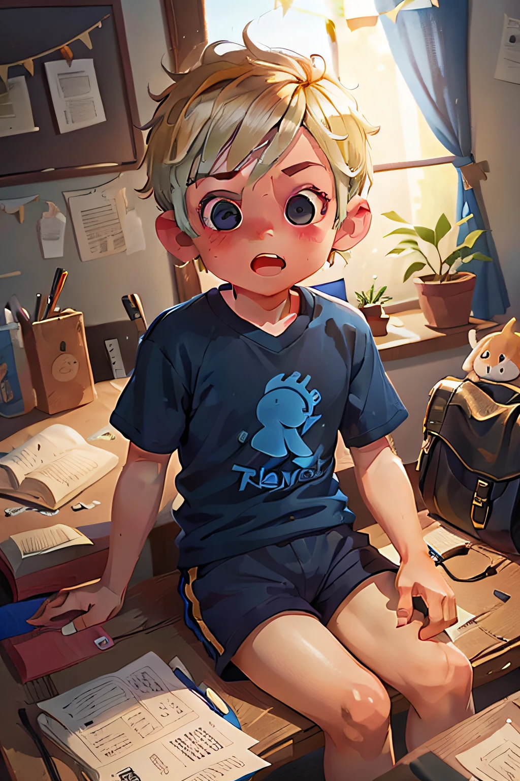 In a small town called Alegriaville, there lived a boy named Pedro, 7 , short blond hair, vibrant eyes, wearing a blue T-shirt and black shorts. sitting at desk at school happy with hand up
