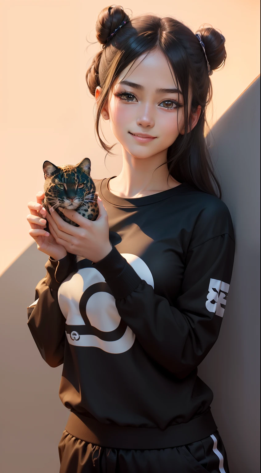 masutepiece、top-quality、ultra-detailliert, Realistic, 8K, 1girl in 、age19, Beautiful face, Round eyes, a black T-shirt, Jaguar Pants, Bun, (((simple background:1.3))), Smile,