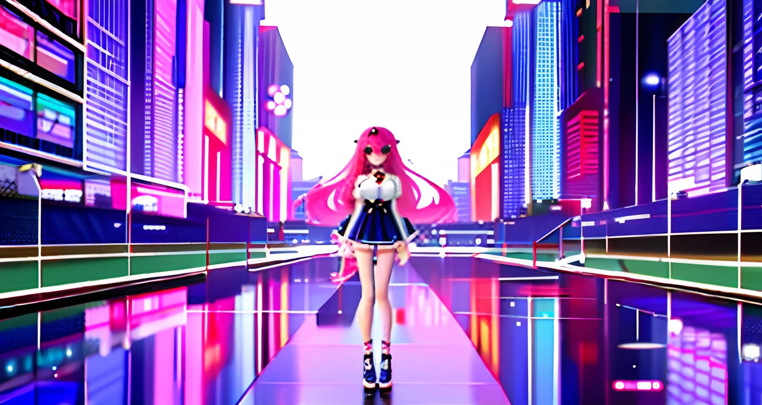 , A scene from the《azur lane》videogame, trending on cgstation, seraphine ahri kda, azur lane style, anime barbie in white, Splash art anime Loli, trending at cgstation, kda, star guardians, Neon city in the background, nanogirlv 2, anime styled 3d