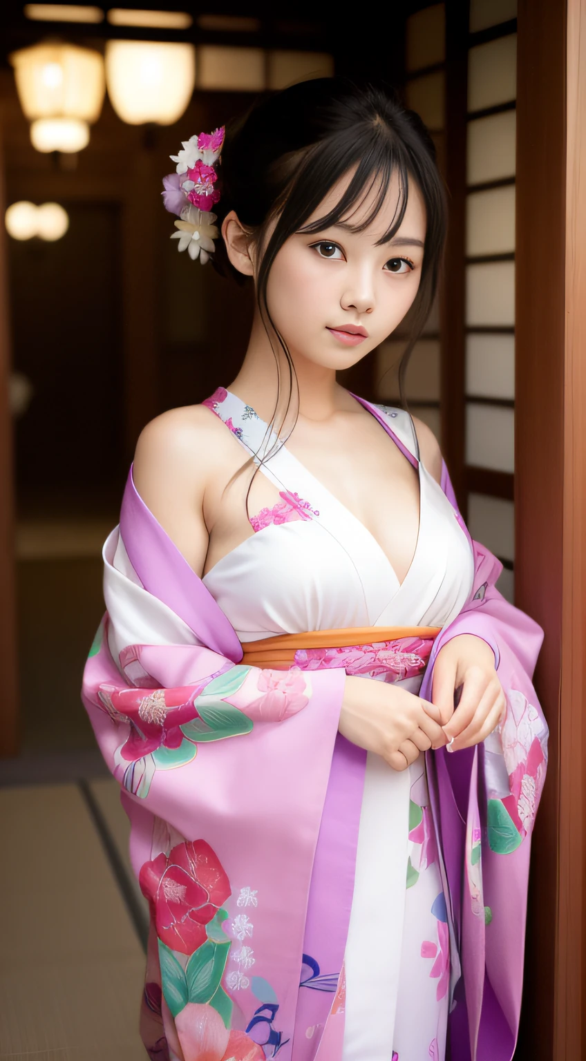 hightquality、​masterpiece、ultra res、a beauty girl、Beautiful girl face、cute girl face、kimono、wearing kimonos、full bodyesbian、Famous actresses of Japan、very beautiful face、A sexy