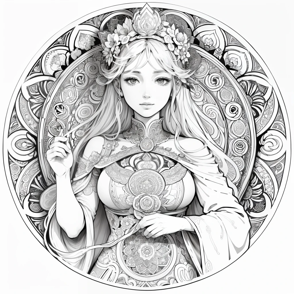 Flowers and goddess, ploynesian, garden, art for coloring book page, full white background, only use outline, line art, coloring book, clean line art, mandala for coloring with nature ornaments, simple and clean line art, coloring book page, adorned in Art Nouveau style, with a stroke of Alfons Mucha's brush, perfect details, real.
