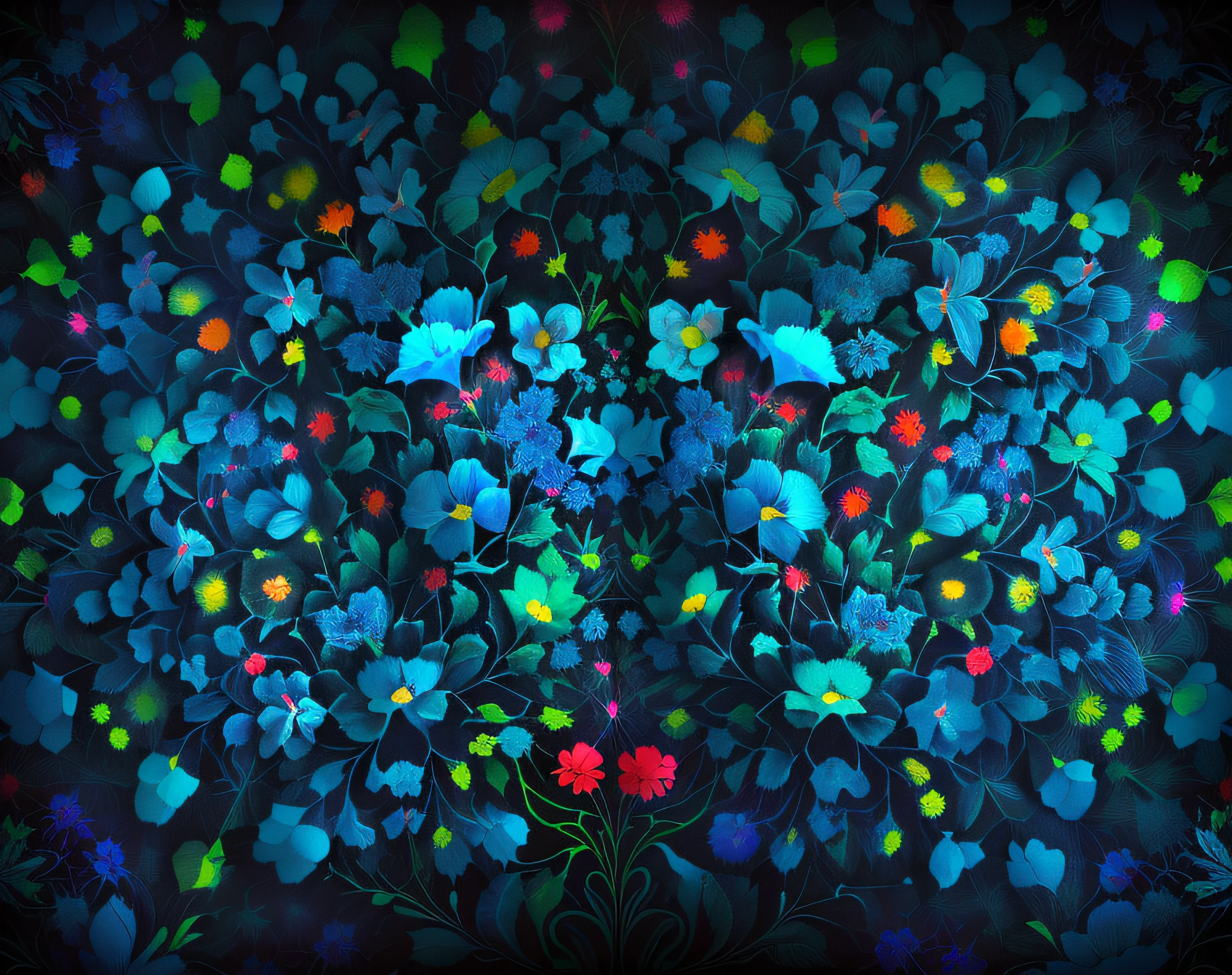 um close up de um monte de folhas com luzes vermelhas e verdes, neon floral pattern, Surreal psychedelic design, Symmetrical 4K, estilo psicodelia sombrio, kaleidoscopic colors, kaleidoscopic, 2 0 1 4, 2014, Beeple e James Jean, andrei riabovitchev symmetrical, 2015, 2 0 1 5