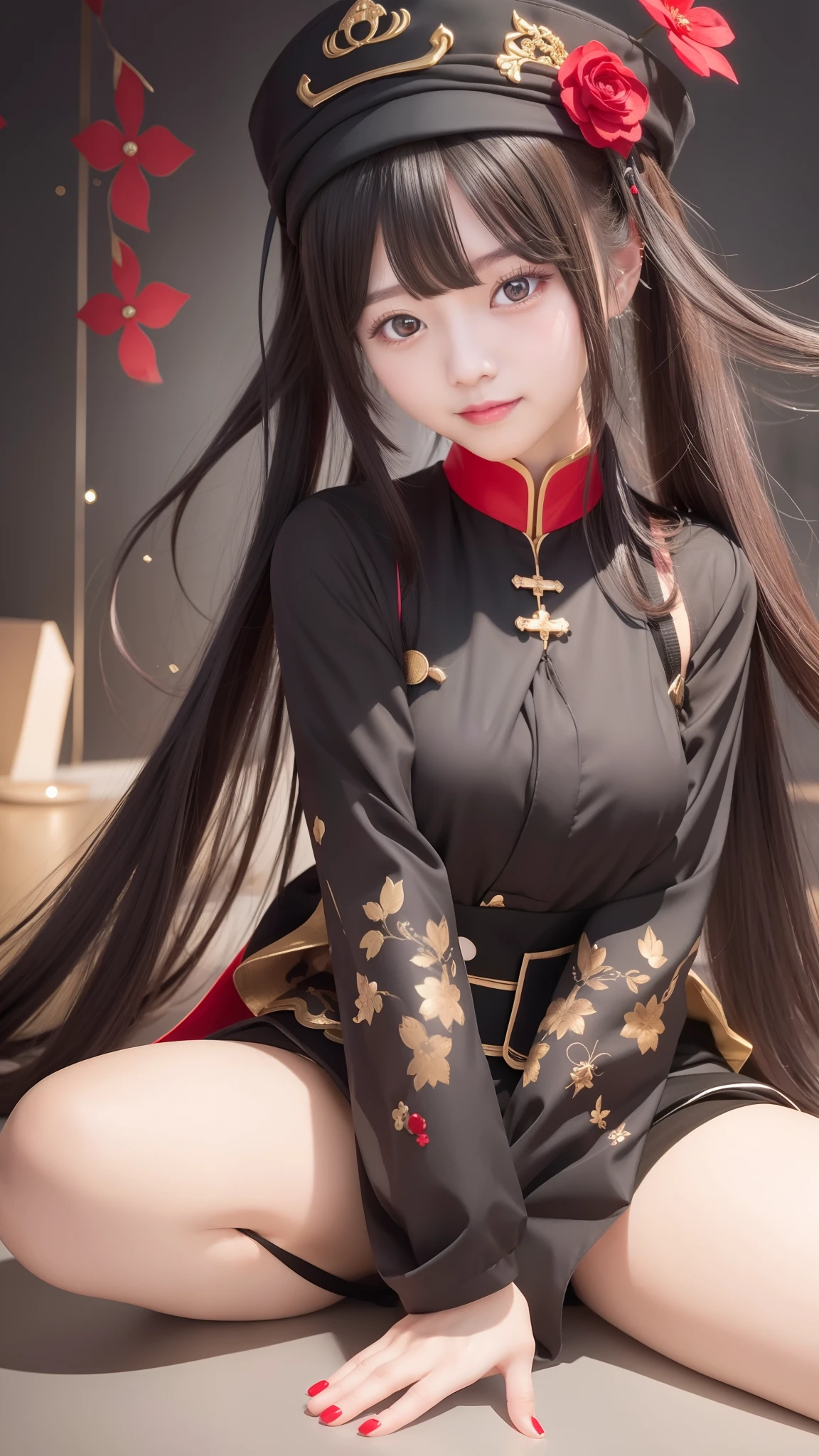 1girl, hu tao, from genshin inpact, cute, happy, red eyes sakura, long black hair, simple attribute full black and red and gold, black hat, beautiful, realistis, ultra detail,