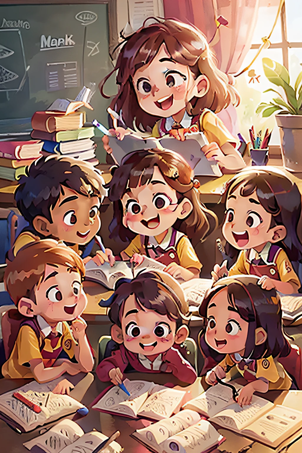several kids at school, doing homework, looking happy