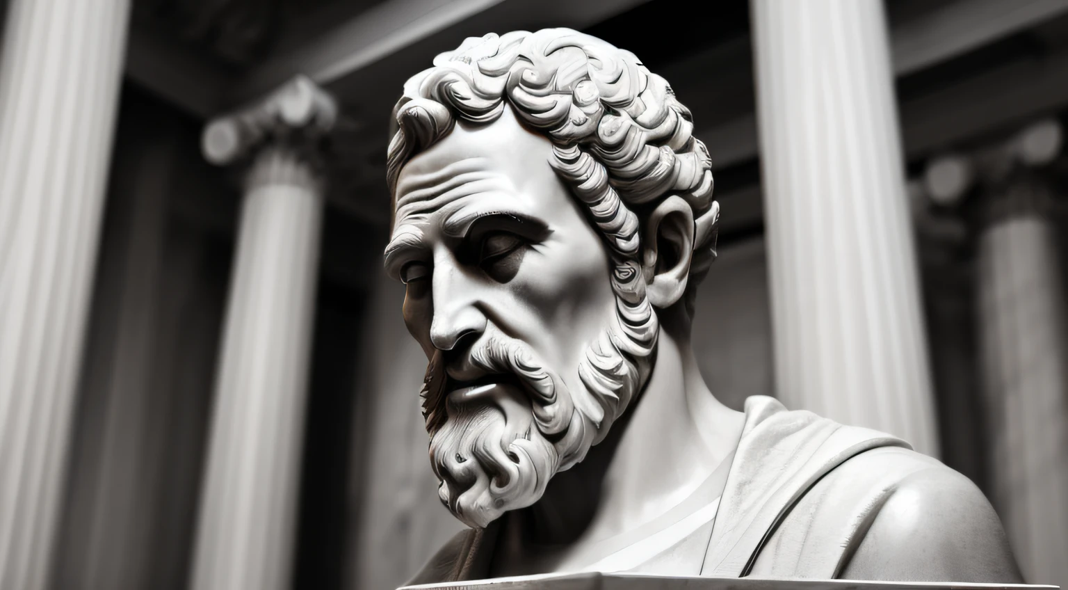 Epithet, Close-up of a classical wise Greek philosopher, Statue in a temple, Postura estoica, deus grego, wisdom, cinematic feel, Preto e branco, ultra realistic, Ultra detalhado e artesanal em todos os aspectos, Escuro