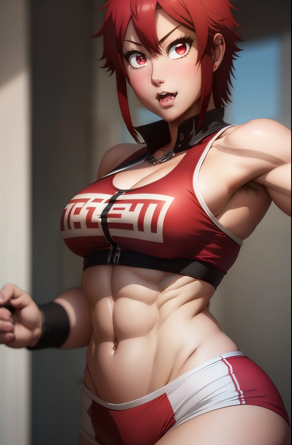 1 girl, redhead, 25 (years old), (intricate detail: 0.9), (hdr, hyper-detailed: 1.2) Tomo chan, Tomo, tomo chan red eyes, flawless, detailed face, eyes aligned, looking at viewer , focused, red hair, short hair, fangs, dressed as a fighter MMA, MMA, abs, toned abs, muscular girl, muscular female, view abs, full body, tomboy. DOJO karate background, detailed background, complex background, intricate background.