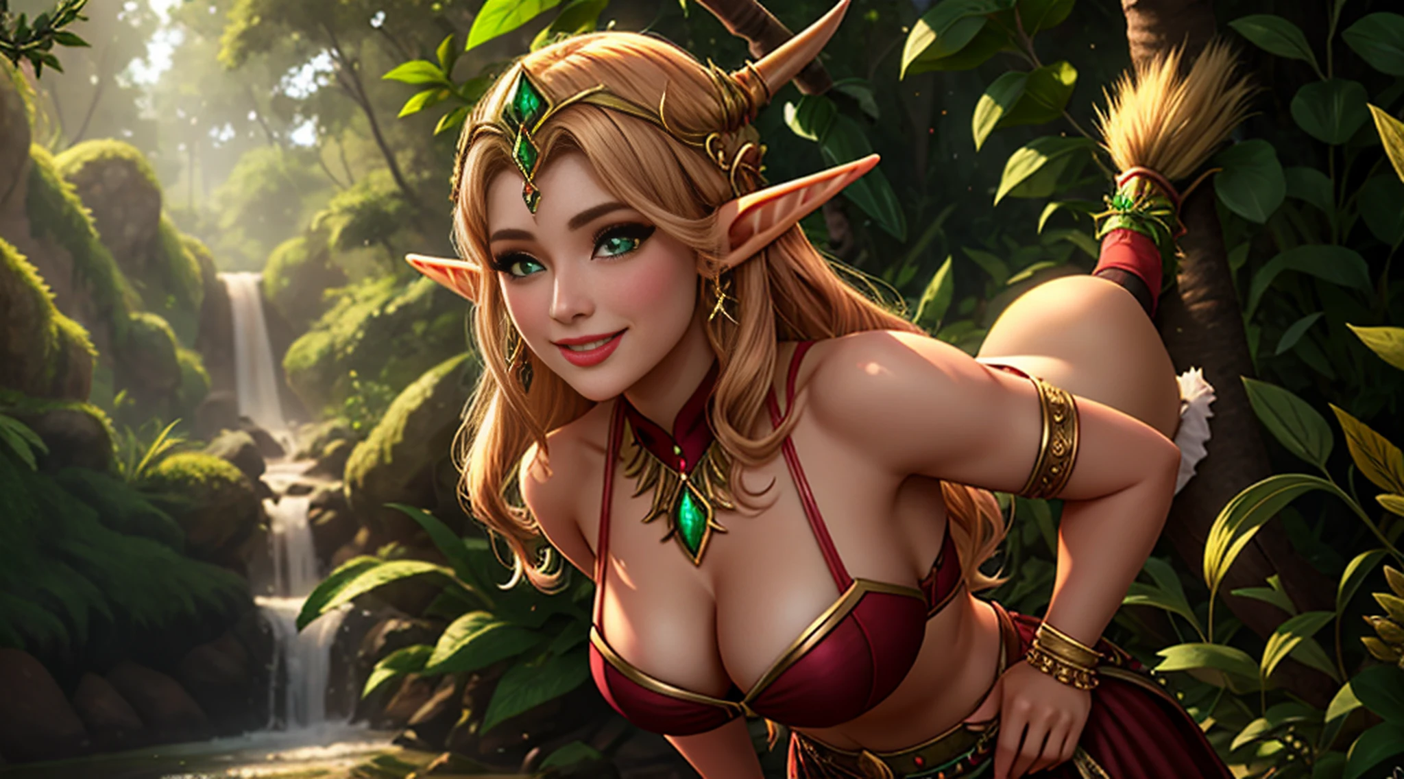 4k, master part, Altas, absurdos, sorridente, bonito ElfGirl, cabelos dourados, fundo da floresta, Foi_Glam, Uma mulher na armadura do corpo esmeralda,blindado, vestindo Guerra_Glam, Elven Jewelry, capacete,