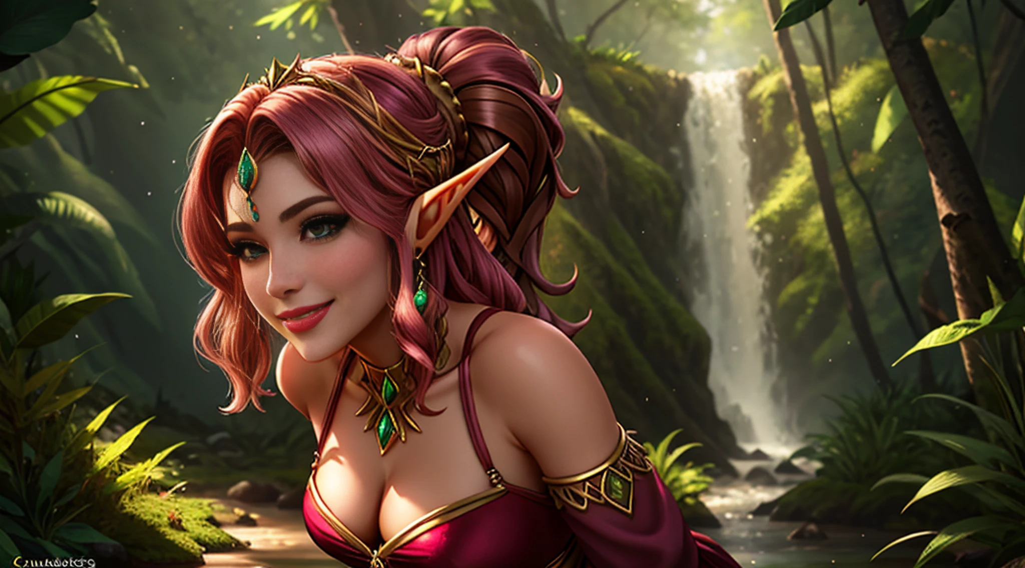 4k, master part, Altas, absurdos, sorridente, bonito ElfGirl, cabelos dourados, fundo da floresta, Foi_Glam, Uma mulher na armadura do corpo esmeralda,blindado, vestindo Guerra_Glam, Elven Jewelry, capacete,