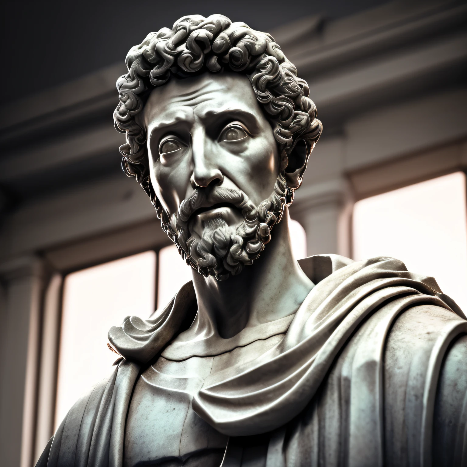 Marcus Aurelius, Close-up of a classical wise Greek philosopher, Statue in a temple, postura estoica, deus grego, wisdom, cinematic feel, preto e branco, ultra realistic, Ultra detalhado e artesanal em todos os aspectos, Escuro