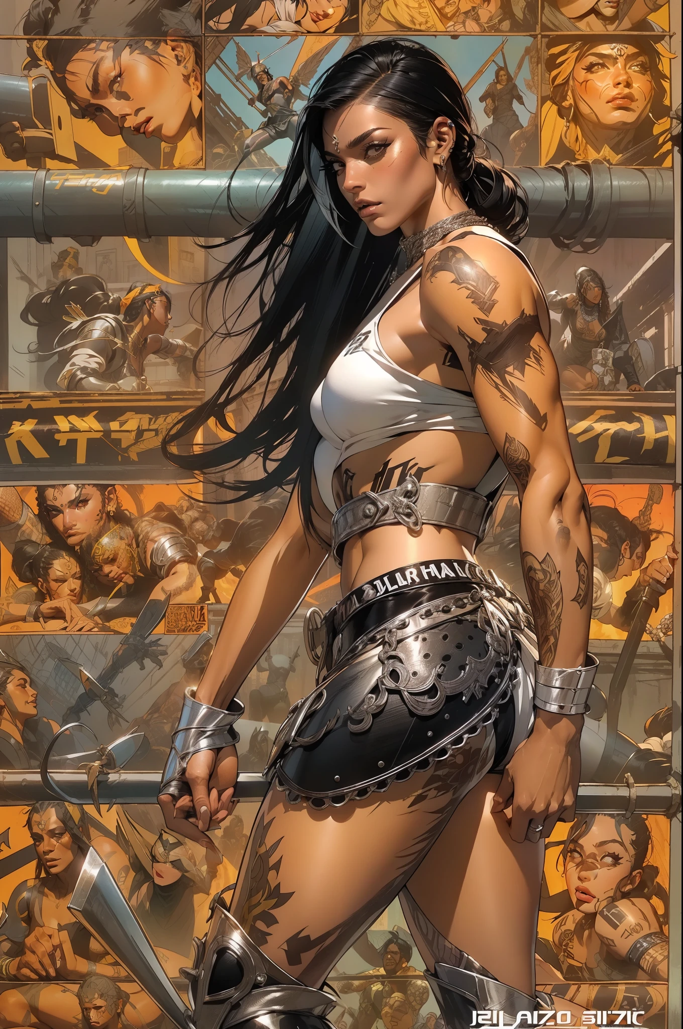 (((mulher))), (((melhor qualidade))), (((obra prima))), (((adulto))), laranja, A 30-year-old gladiator woman with an athletic body, (((sozinho))), (((1girl))) , Gladiadores do Brooklyn, quase nua no estilo selvagem urbano de Simon Bisley para a capa da revista Heavy Metal, cabelos pretos com ponytail, Minimum clothing, listras laranja e preto, armadura, cheio de pontas e rebites, tatuagem Yakuza, (((do joelho pra cima))), cabelo bob haircut preto