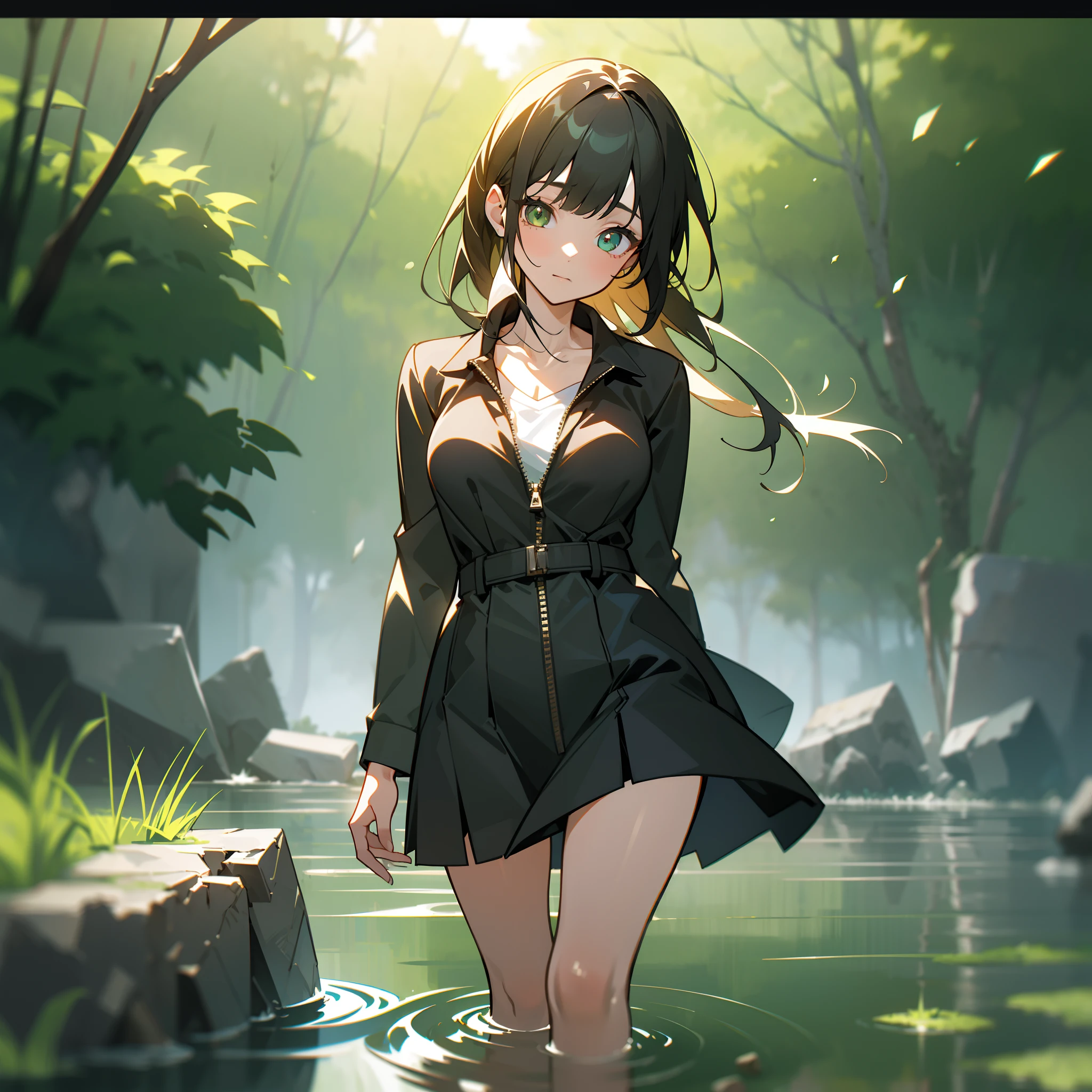 mksks style, (very detailed background:1.0), (highly detailed background:1.0), 1girl, full_body, looking_at_viewer, partially_unzipped, masterpiece, best quality, (1girl, solo, girl:1.2), falls, grass, walking on water, jumping, stone ruins, chromatic aberration, depth of field, soft lighting, bathing