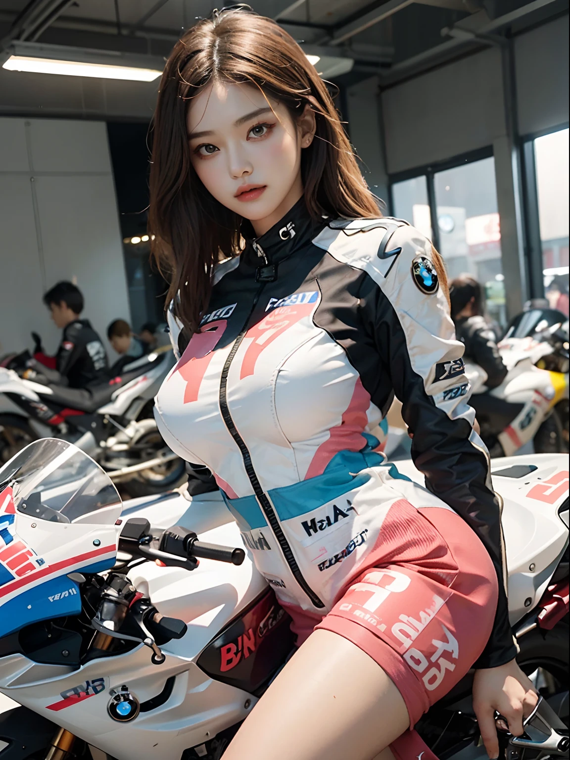 The highest image quality，Excellent detail，超高分辨率，（真实感：1.4），The best illustrations，Favor detail，Cinematic lighting，Highly concentrated，Korean star poster，1girll，exquisite and beautiful face，huge boob，Sexy pink white racing suit，Long hair，Hair flying，Hold the direction controller，(BMW streamlined motorcycle race)，riding a motorcycle，the background is a high-tech lighting scene of the city of the future。Detailed eyes，detailed nose，Detailed lips，Slender thighs，(Ultra-realistic skin texture)，White balance