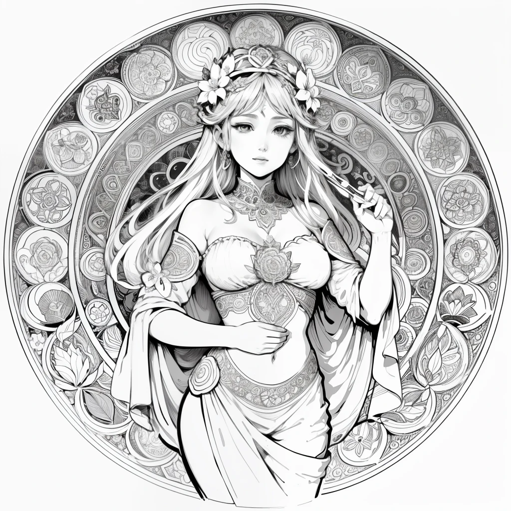 Flowers and goddess, ploynesian, garden, art for coloring book page, full white background, only use outline, line art, coloring book, clean line art, mandala for coloring with nature ornaments, simple and clean line art, coloring book page, adorned in Art Nouveau style, with a stroke of Alfons Mucha's brush, perfect details, real.