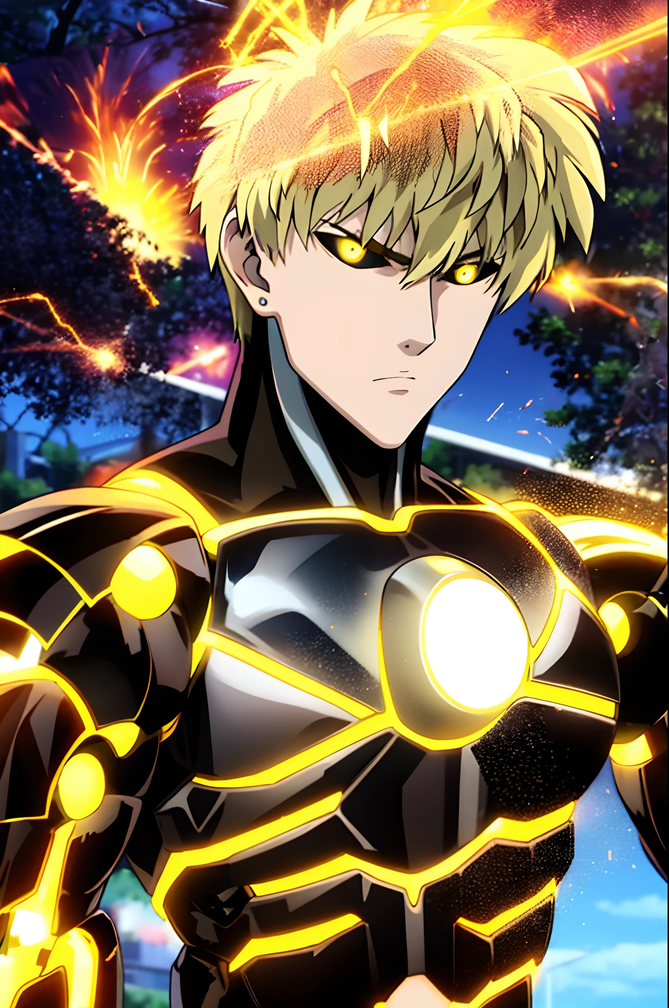 Genos, anime, One Punch, 1st grade, Male Focus, 1st grade, upper body, (yellow aura:1,4), blonde hair, alone, glowing eyes, the, robotic breastplate in neon flame, cyborg, fire, colored sclera, yellow eyes, Black Sclera, detailed, best quality, leaning against a tree, near a river