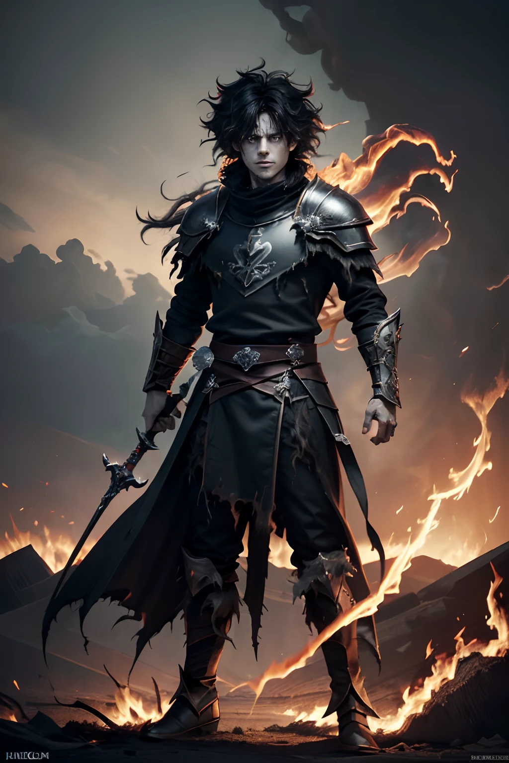 2d game dark fantasy character evil god art, young male, evil laugh, (flame messy and shaggy haggy hair with hair lighting:1.6), (crazy wind:2), slender body with  big angel wings, (full body shot:1.5), (glowing smoke eyes of light black:1.3), intricate noble black and red full armor, holding a ornament legend sword, (dynamic pose:1.1), associated illustration, highest resolution, atmosphere of wind with mercy and noble lord, (hellfire throne background):1.7, (intricately detailed pencil drawing:1.1), intricately detailed oil painting, intricately detailed crayon coloring, intricately detailed digital coloring, full colored, (dark palette:1.1), super fine detailed skin, extremely detailed texture, super fine detailed detail, radiosity, (ultra quality:1.2), professional art work,