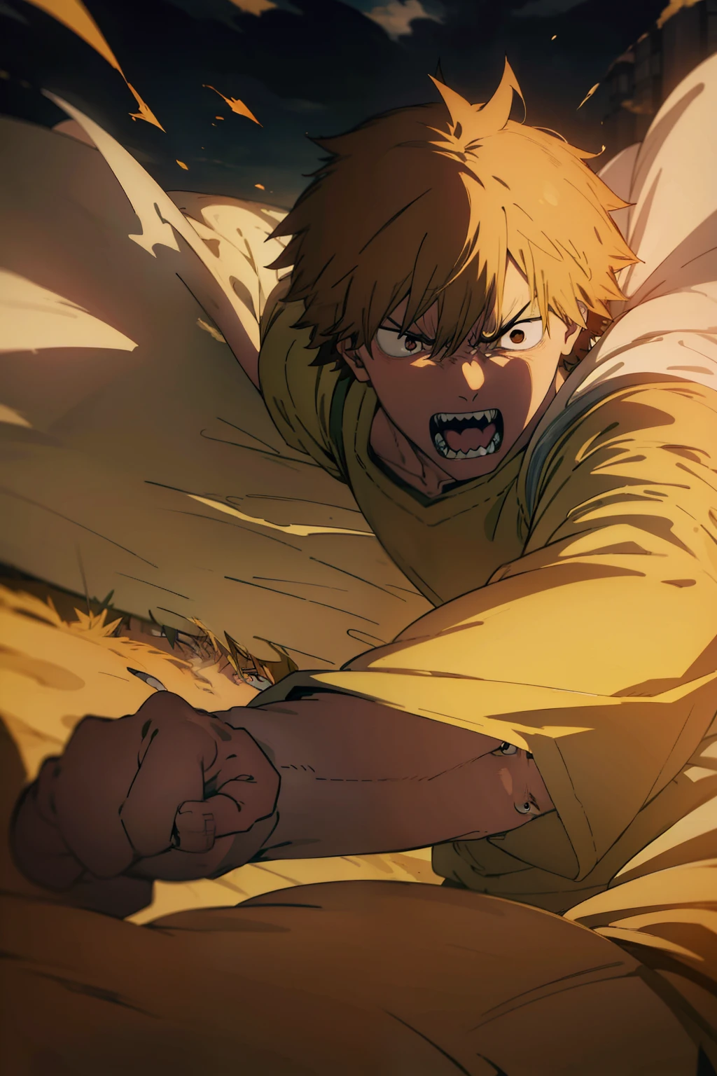 Denji with angry expression with a dynamic battle pose on a field