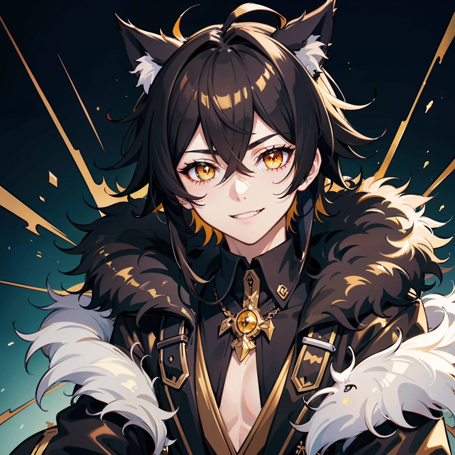 ultra detailed, best quality, finely detail, anime boy, neko, 1 boy, male, black hair, medium hair, messy spiky hair, volumous messy hair, black fur jacket, black clothes, cat ears, animal ears, black feline tail, black shorts, smile, relaxed expression, happy smile, anime smile, hood around the neck extremely large, white eyes, yellow pupils, extremely detailed eyes
