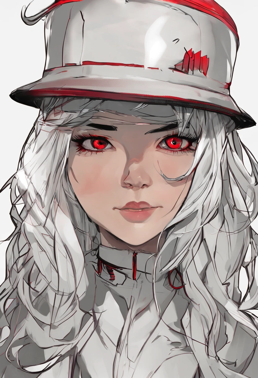 white hair, bangs, pixie cut, peaked cap, mole under eye, red eyes, expressionless, Surrealism, drop shadow, anaglyph, 8k, super detail, ccurate, best quality