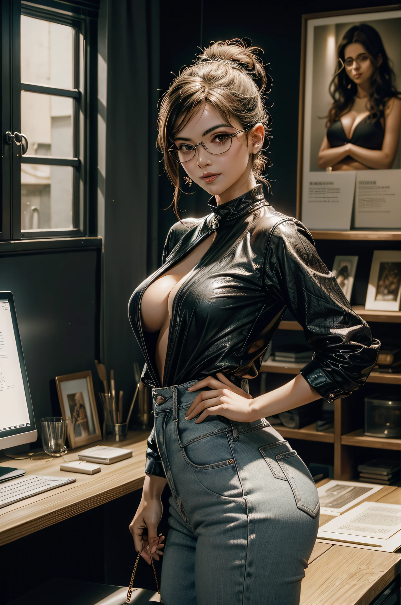 foto de corpo inteiro de uma senhora (elegante) Standing in the studio lab, top branco, decote extravagante, work pants, cinto de pano, eyeglass, boca fechada, (olhos sorridentes: 0.2), olhando para o espectador, (obra-prima, melhor qualidade: 1.2), absurdres, arte perfeita, trending in the artstation, altamente detalhado, delicado, (realista, foto-realista: 1.37), retrato, luz no rosto, rosto detalhado, seios grandes caidos, mulher perfeita de corpo robusto, coxas grossas, bunda grande em um jens apertado