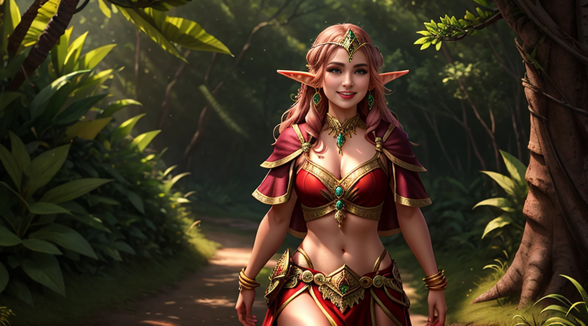 4k, master part, Altas, absurdos, sorridente, bonito ElfGirl, cabelos dourados, fundo da floresta, Foi_Glam, Uma mulher na armadura do corpo esmeralda,blindado, vestindo Guerra_Glam, Elven Jewelry, capacete,