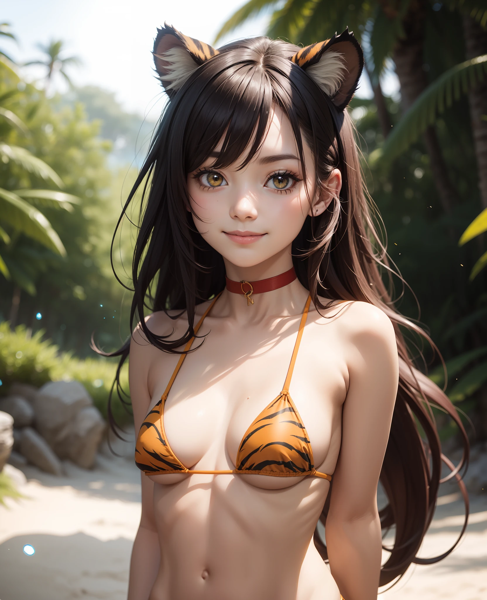 by kenket, by totesfleisch8, (by thebigslick, by silverfox5213:0.8), (by syuro:0.2), (by qupostuv35:1.2), depth of field, perfect lighting, light particles,(best quality),(masterpiece),(ultra detailed), sharp focus, light particles, eyesgod, blush, yellow_eyes, looking_at_viewer, smile, female, muzzle, feline, ((tiger)), Flora, Orange Fur, White Fur, Furry, solo, animal_ear_fluff, long brown hair, arms behind back, upper body, tail,((small size breasts)), (((small boobs))), (flat chest), ((red micro bikini)), sunlight, beach, happy, smilling, smile, ((choker))