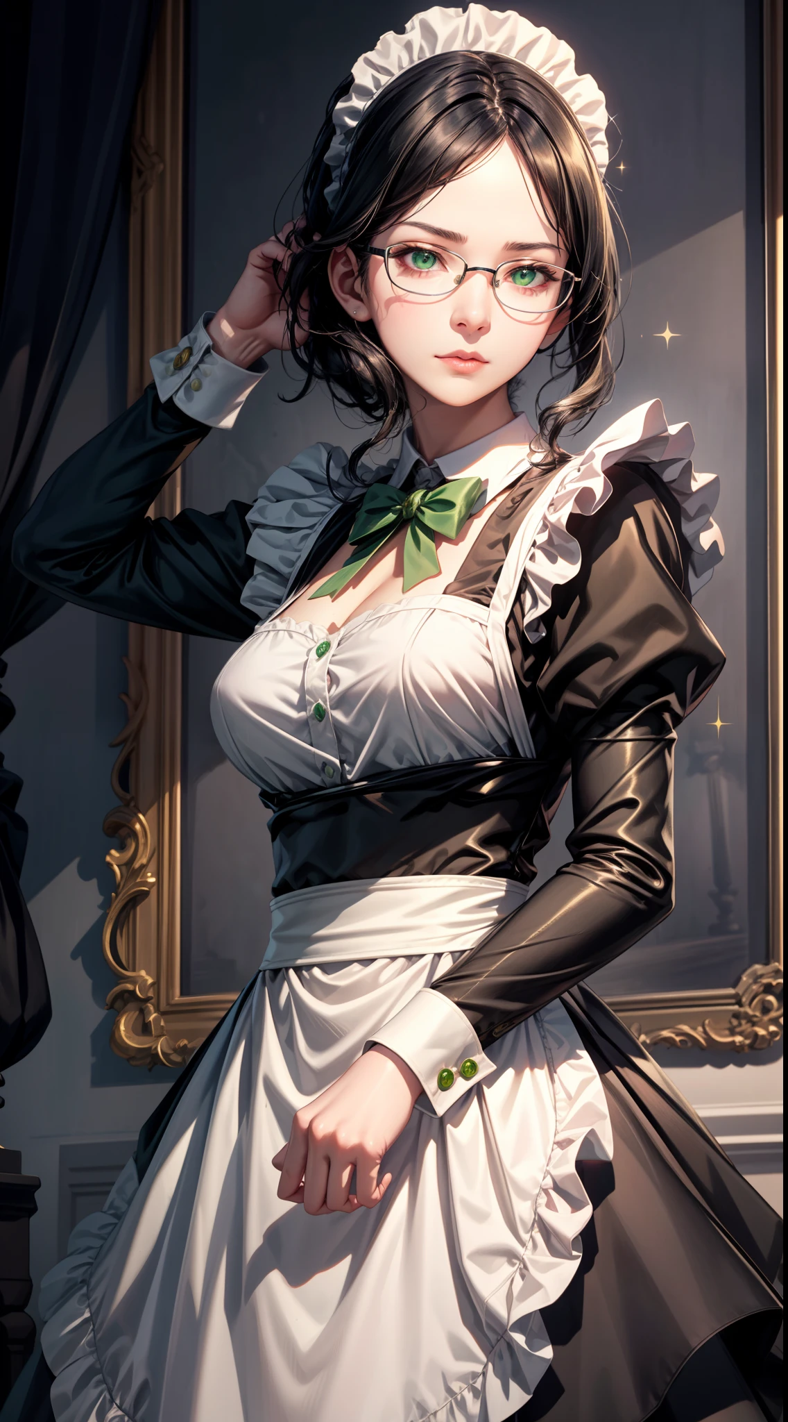 focused to upper body, realistic, 1girl, black hair, sparkling green eyes, maid outfit, (black rimmed glasses:0.7), standing pose, manor background, perfect limbs,