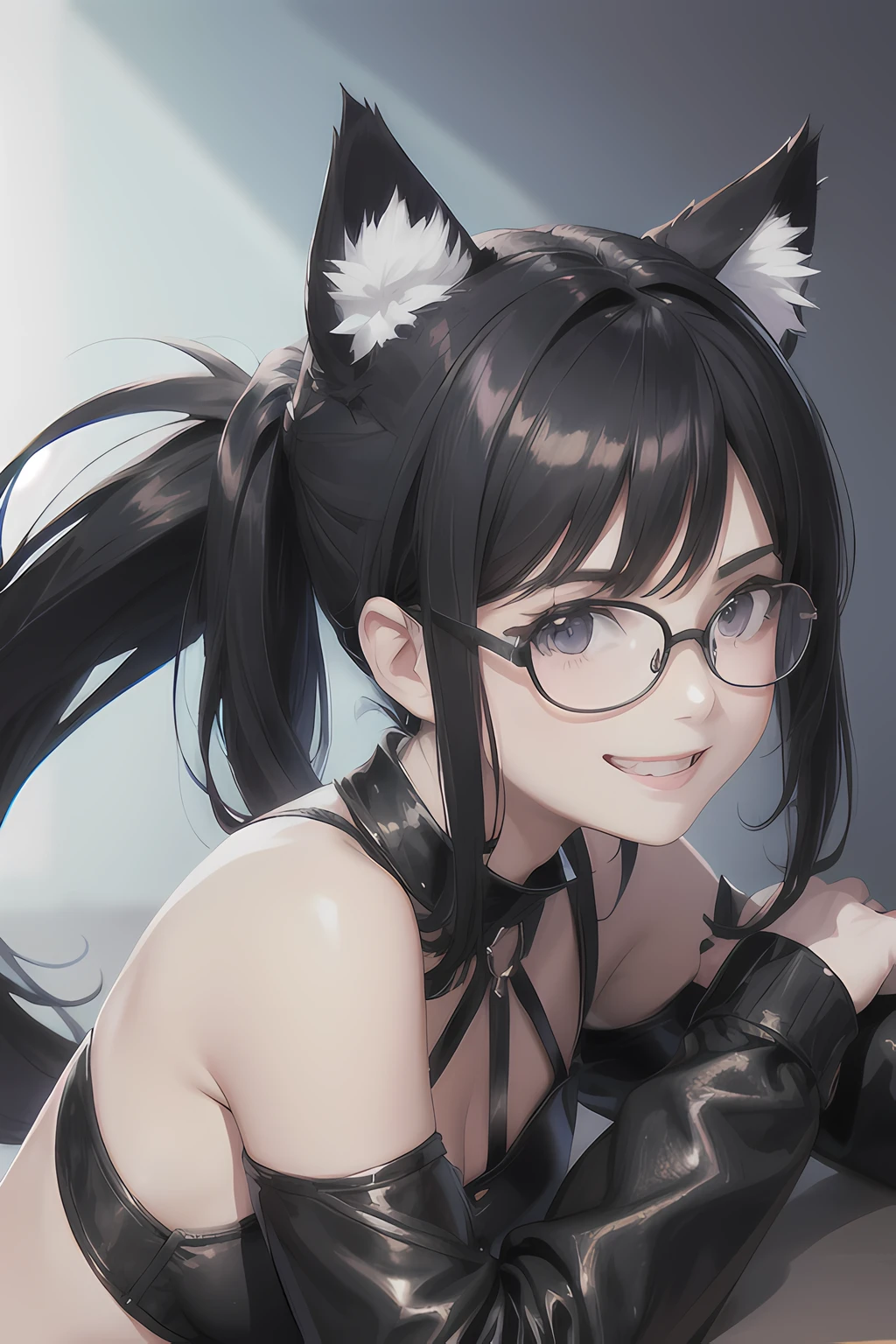 Cat's ears,1 girl,Pony tail,Black hair,bustshot,shiny,Under-rim glasses,Smile,tusk